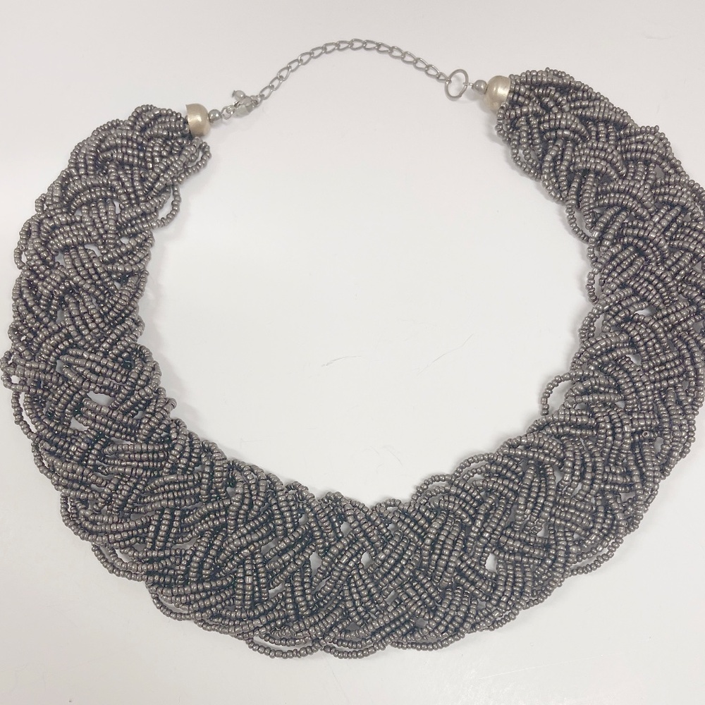 Vintage Gray Seed Bead Woven Collar Necklace - Picture 4 of 6